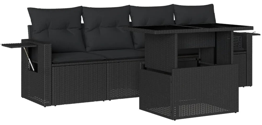 5 részes fekete polyrattan kerti kanapészett párnákkal