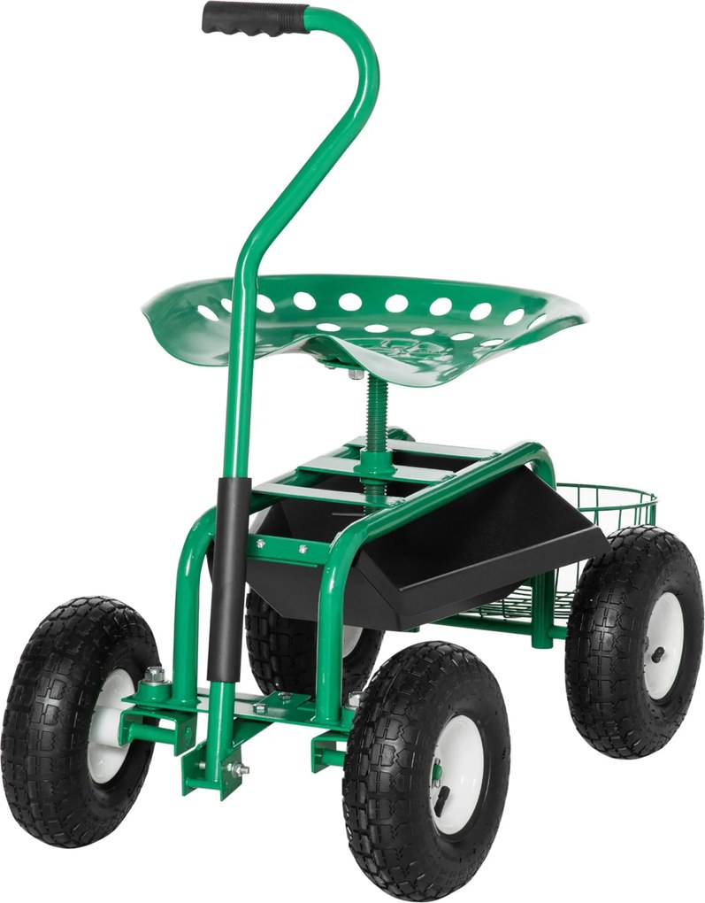 Outsunny Forgatható Kerti Kocsi Magasságban Állítható Üléssel, Kerekekkel, Fogantyúval, Mobil Kerti Szék, Forgatható Munkaszék, Kerti Sztó 150 kg-ig,