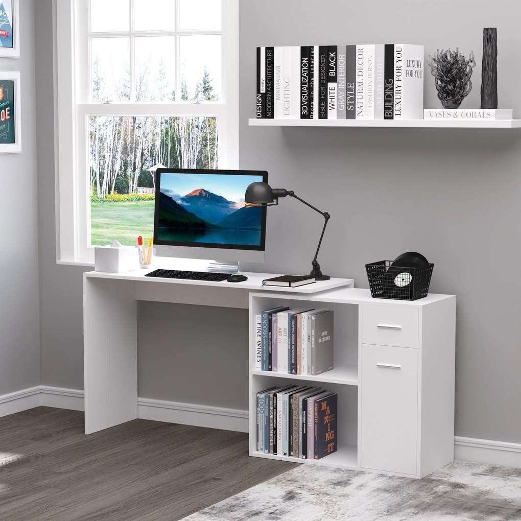 HOMCOM Sarokíróasztal Tanuláshoz és Irodai Használatra 2 Fiókkal és 2 Polccal, Modern Fa Íróasztal, 117x82x74 cm, Fehér | Aosom