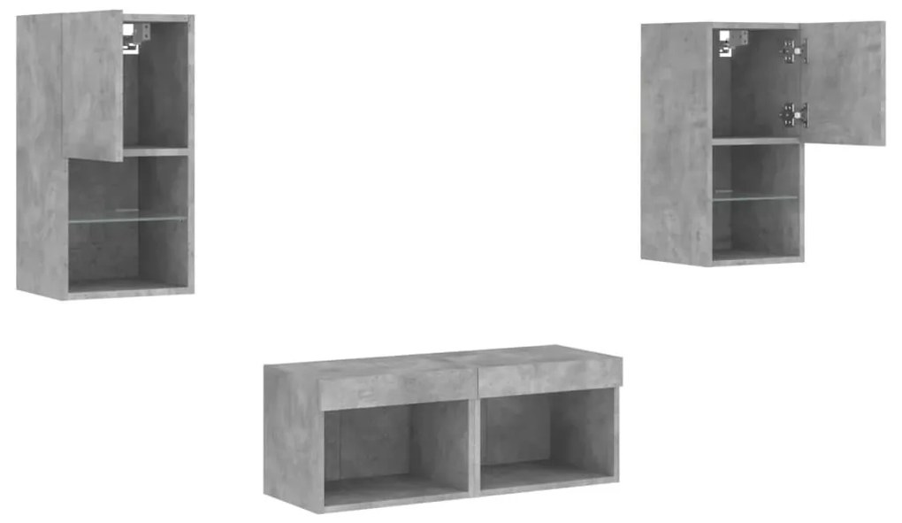 4 darab betonszürke falra szerelhető TV-szekrény LED-del