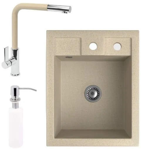 Gránit Mosogató NERO Parma + kihúzható fejes Linea csaptelep + adagoló + szifon (bézs)