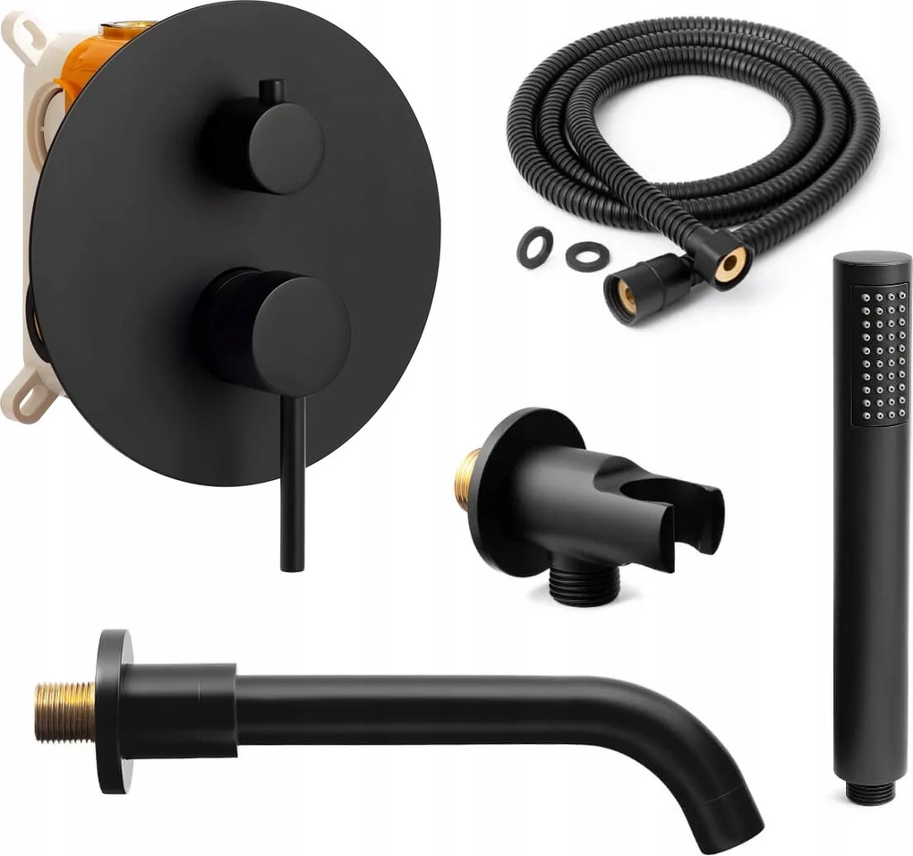 Fekete falsík alatti kádszett kifolyócsővel, falsík alatti kádcsaptelep