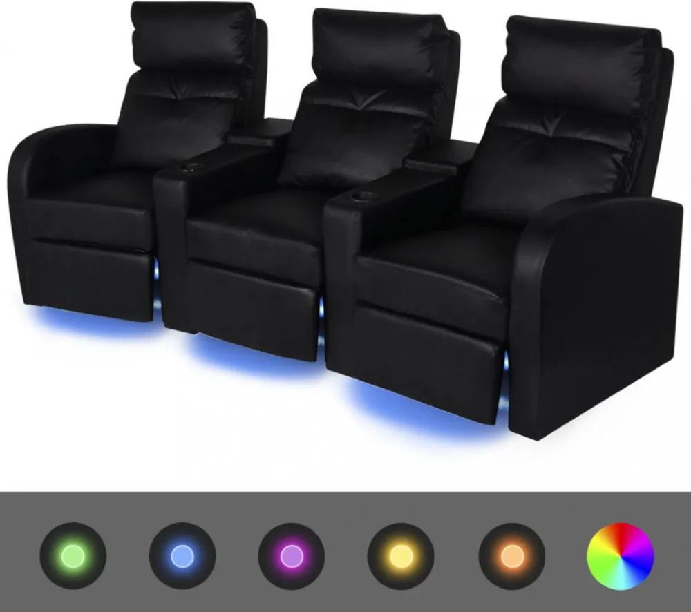 Led 3 személyes műbőr dönthető támlájú fotel fekete