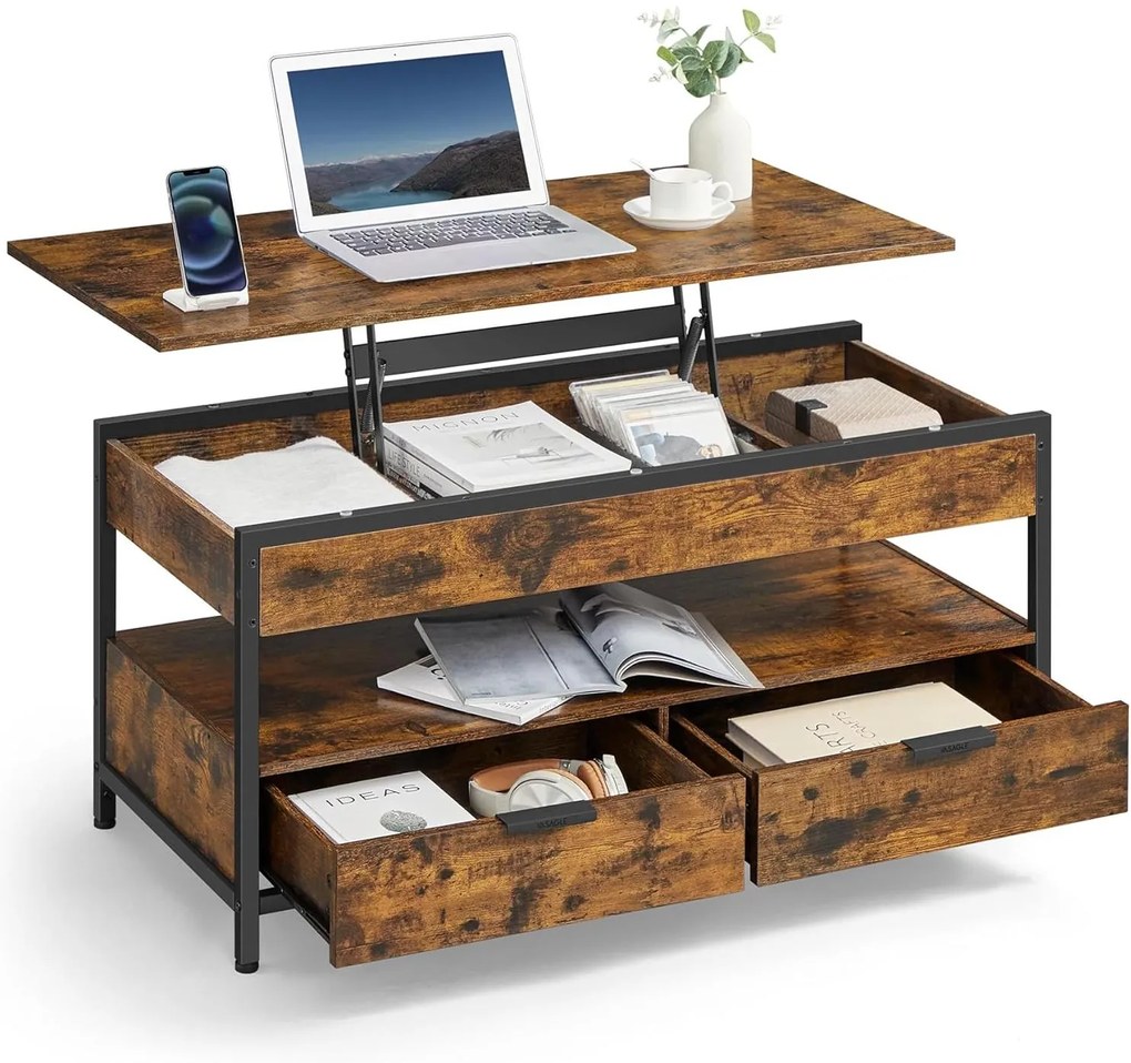 Felnyitható fedelű dohányzóasztal rusztikus barna és tintafekete színben