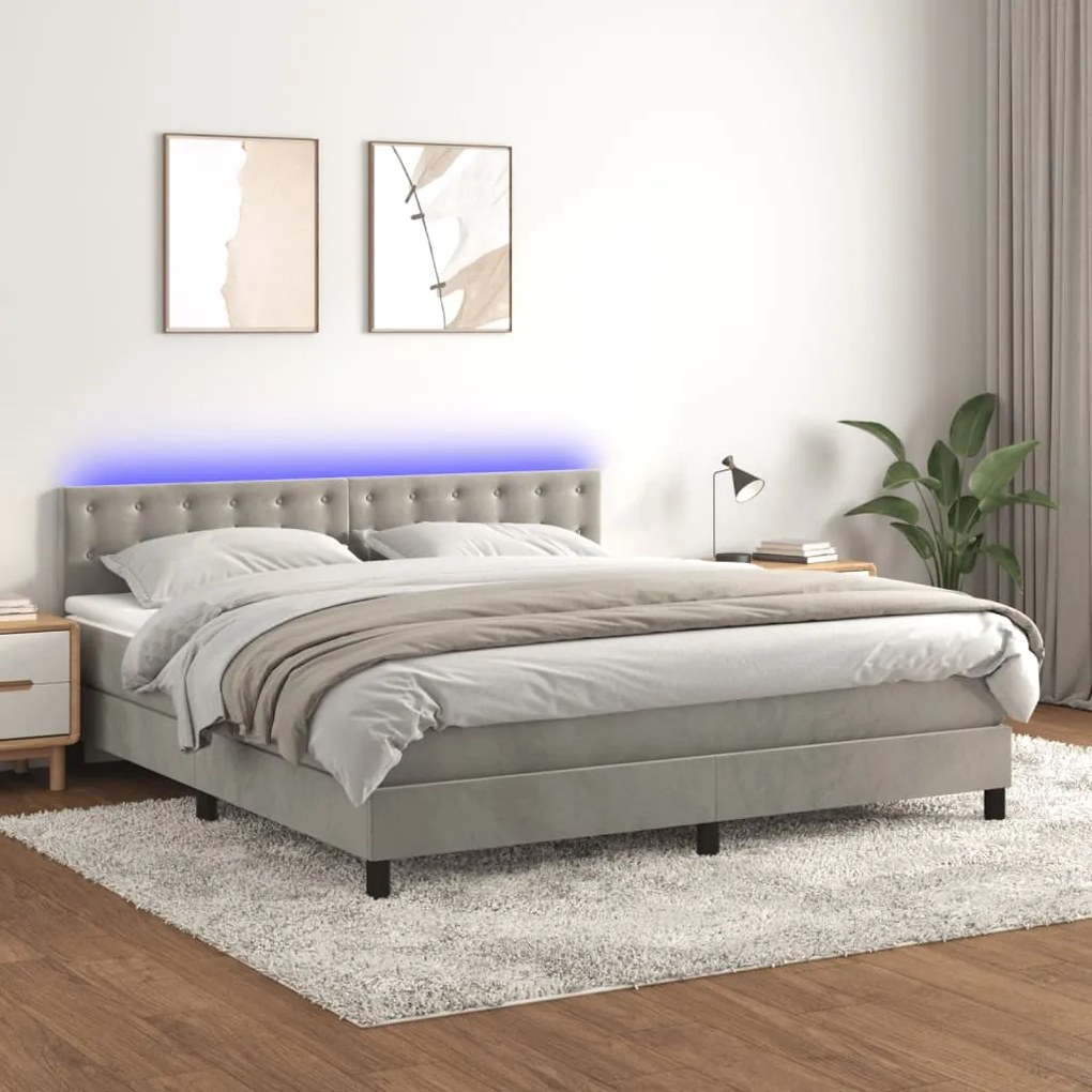 vidaXL világosszürke bársony rugós és LED-es ágy matraccal 160x200 cm