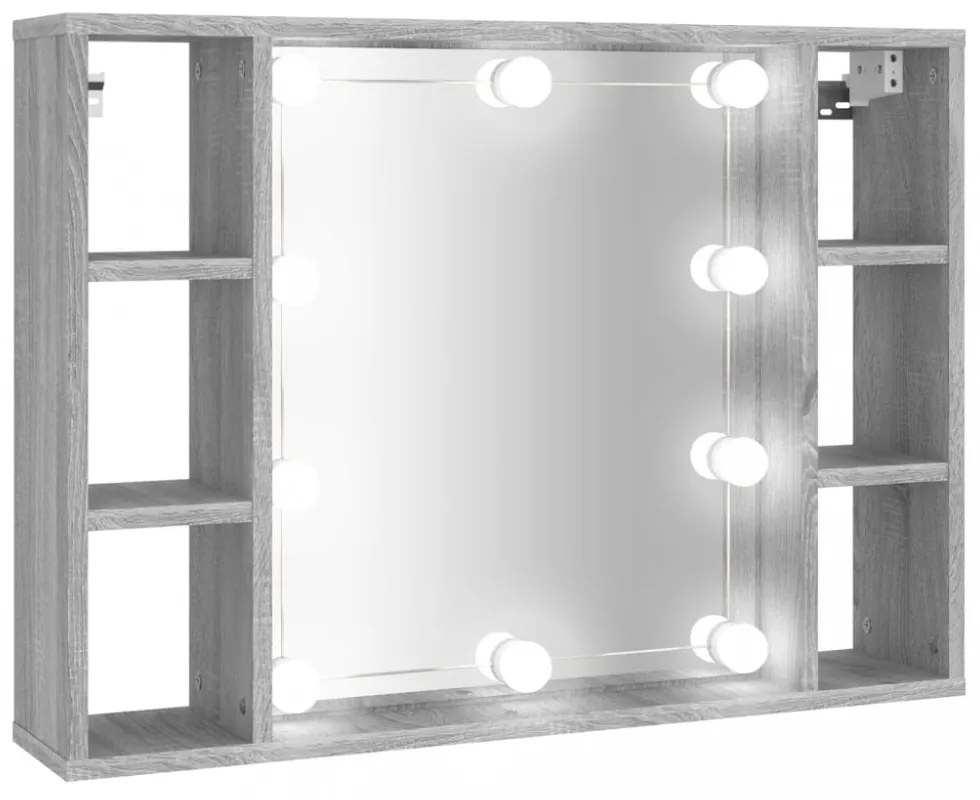 szürke sonoma színű tükrös szekrény LED-ekkel 76 x 15 x 55 cm
