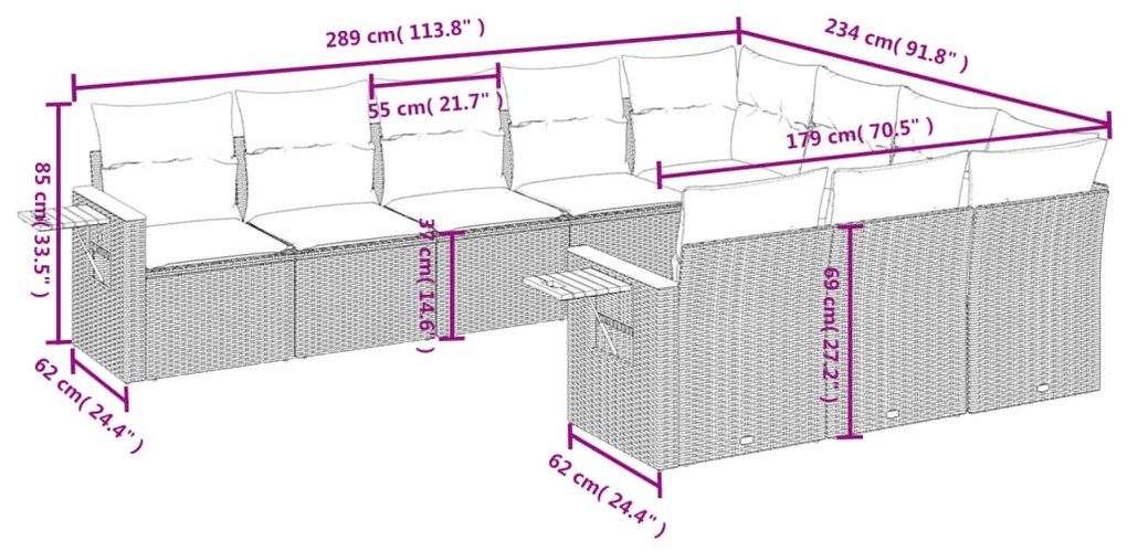 10 részes szürke polyrattan kerti ülőgarnitúra párnákkal