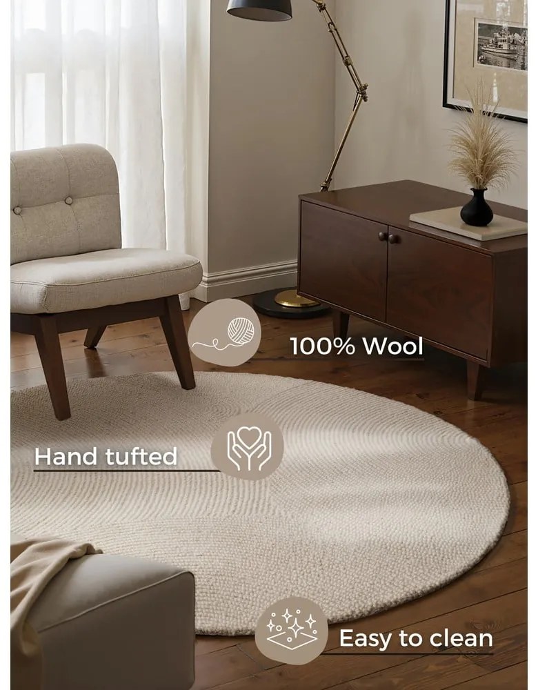 Világos natúr színű kézi szövésű gyapjú kerek szőnyeg ø 150 cm Eleni Natural White – Hanse Home