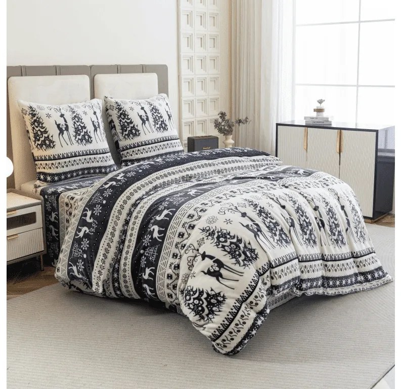 Mikroplüss ágyneműhuzat szett WINTER DEER szürke + Mikroplüss lepedő SOFT 90x200 cm fehér, egyszemélyes