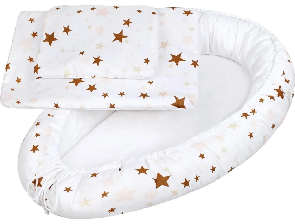 Luxus babafészek párnával és paplannal kisbabák számára New Baby csillagok barna