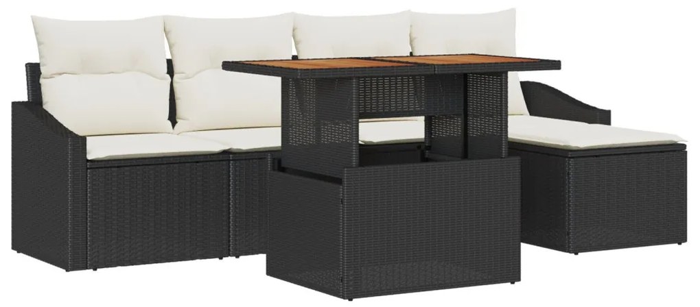 6 Darabos Kerti Étkező Szett Párnákkal Fekete Poli Rattan Akáccal