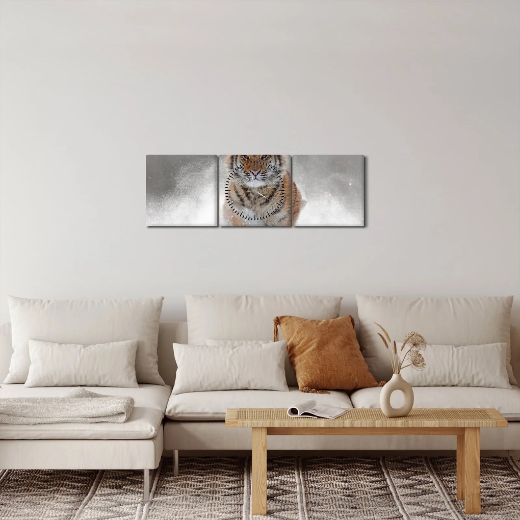 Futó tigris a hóban képe (órával) (90x30 cm)