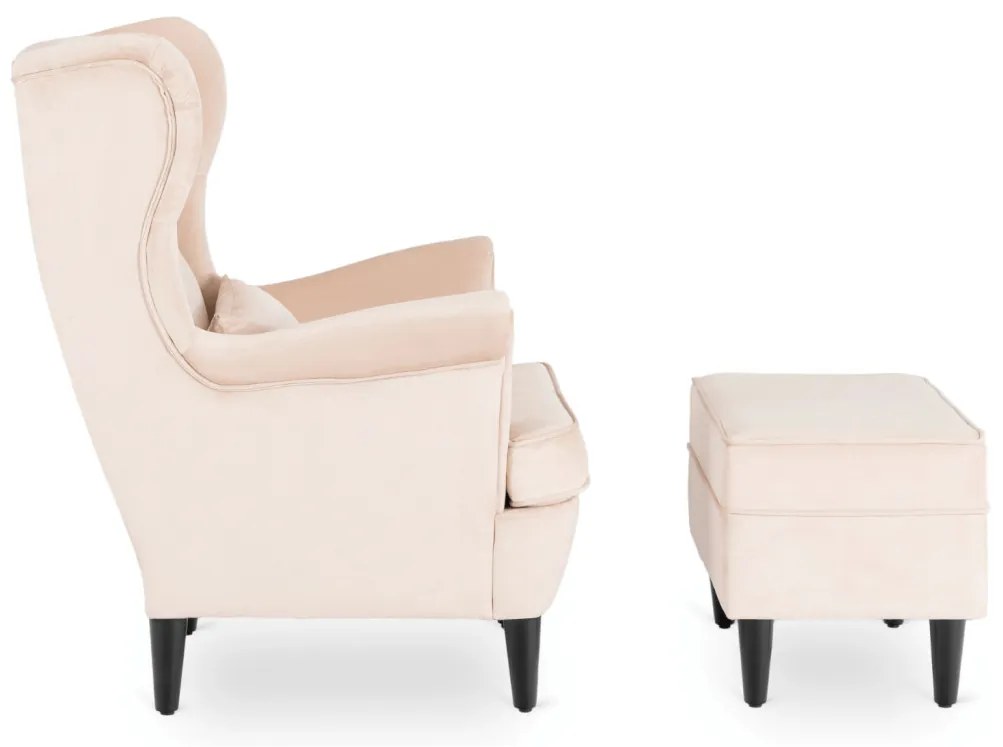 Elegáns Füles Fotel Lábtartóval, Bézs Bársony Kárpittal. EVAN 2