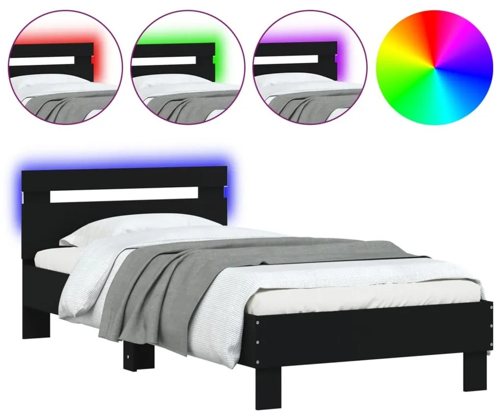 fekete ágykeret fejtámlával és LED-világítással 90 x 190 cm