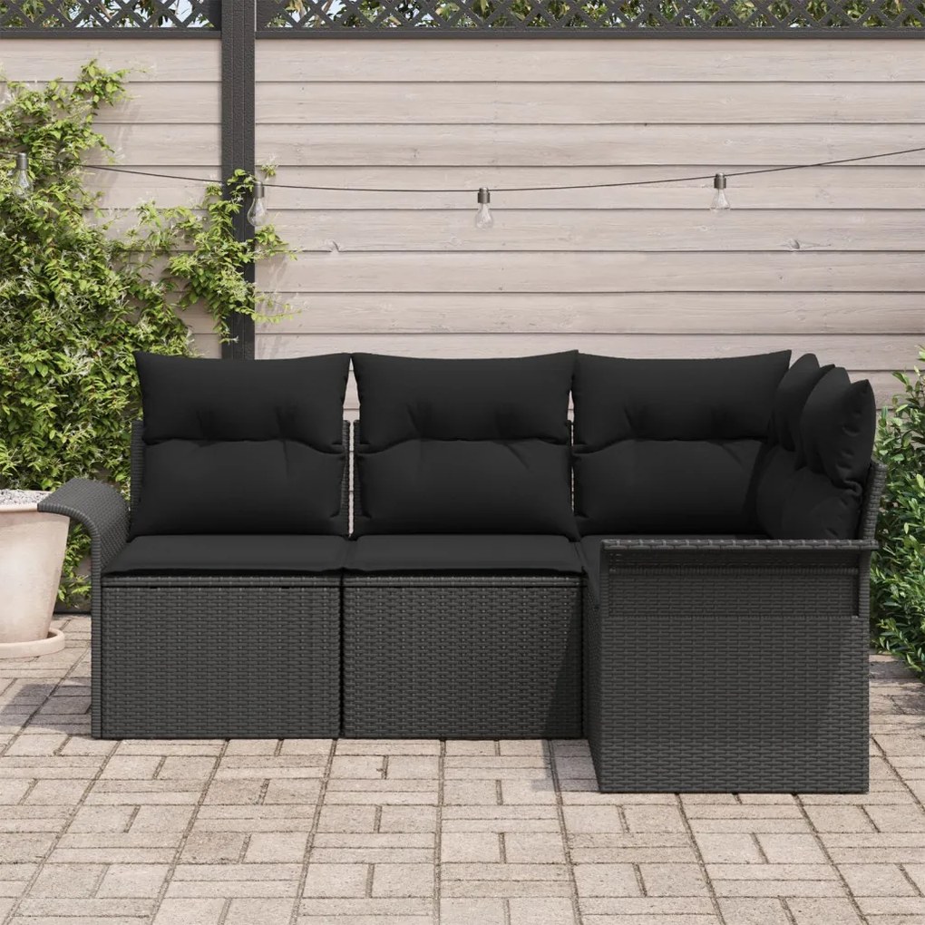 4 Darabos Kert Kanapé Szett Párnákkal Fekete Poli Rattan