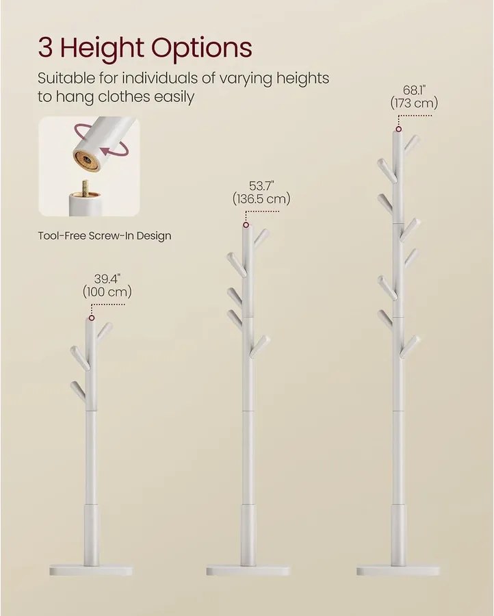 VASAGLE tömörfa állófogas 8 kampóval (175 cm), kapucsínóbézs