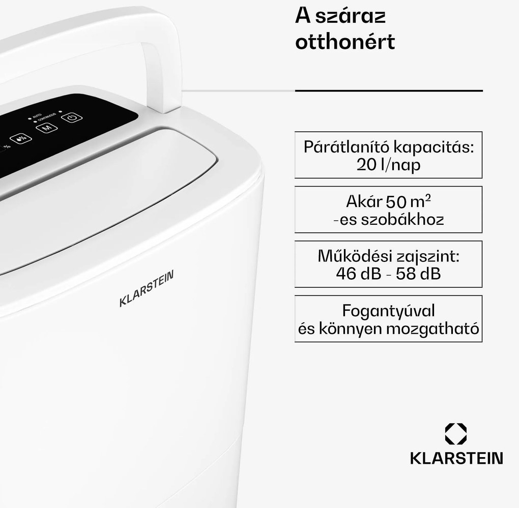 Klarstein DryFy 20L páramentesítő, 20 l/nap, 50m², 230 m³/h, időzítő, víztartály, mobil