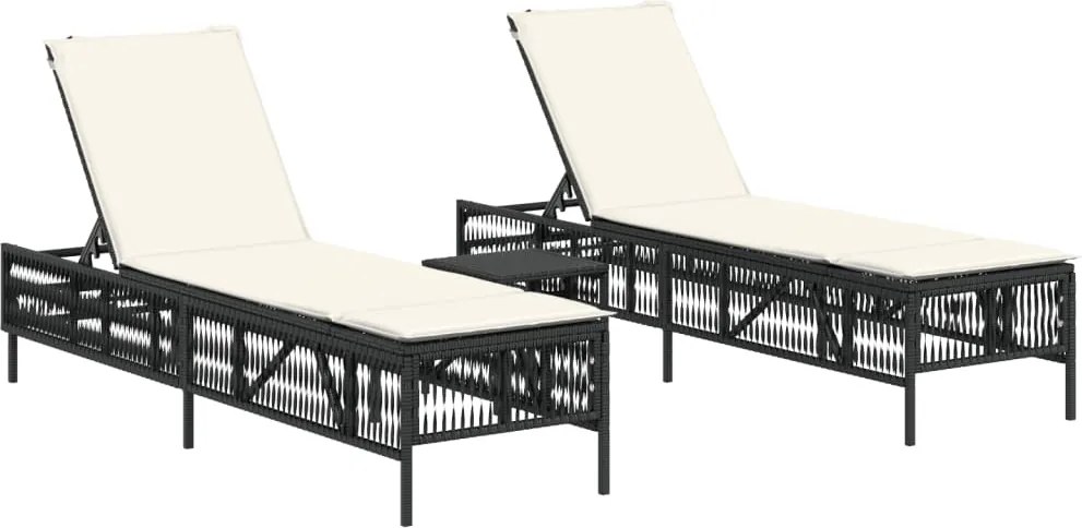 vidaXL 2 db fekete polyrattan napozóágy asztallal