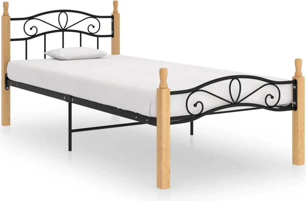 vidaXL fekete fém és tömör tölgyfa ágykeret 90 x 200 cm