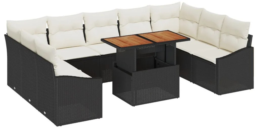 10 Darabos Kert Sofa Készlet Párnákkal Fekete Poli Rattan