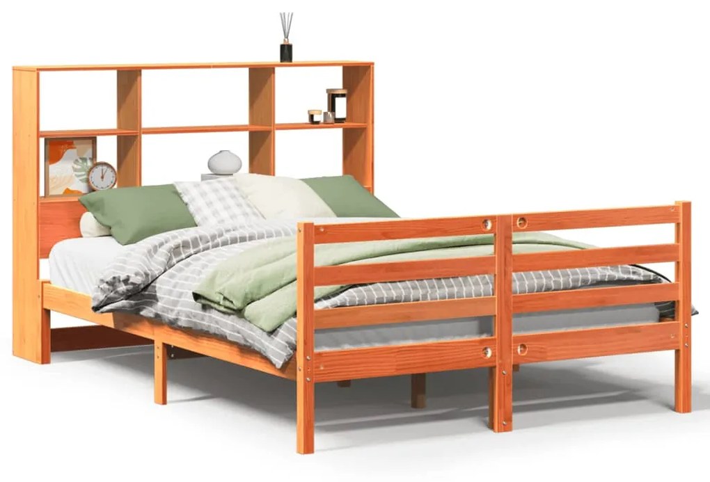 vidaXL viaszbarna tömör fa könyvespolcos ágy matrac nélkül 140 x 200cm