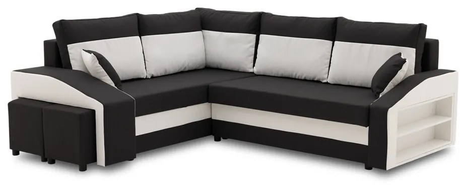Grande sarokkanapé polcokkal és puffokkal , polc a jobb karfaban puffok a bal karfaban, baloldali, szövet anyag, hab töltet, fekete - fehér