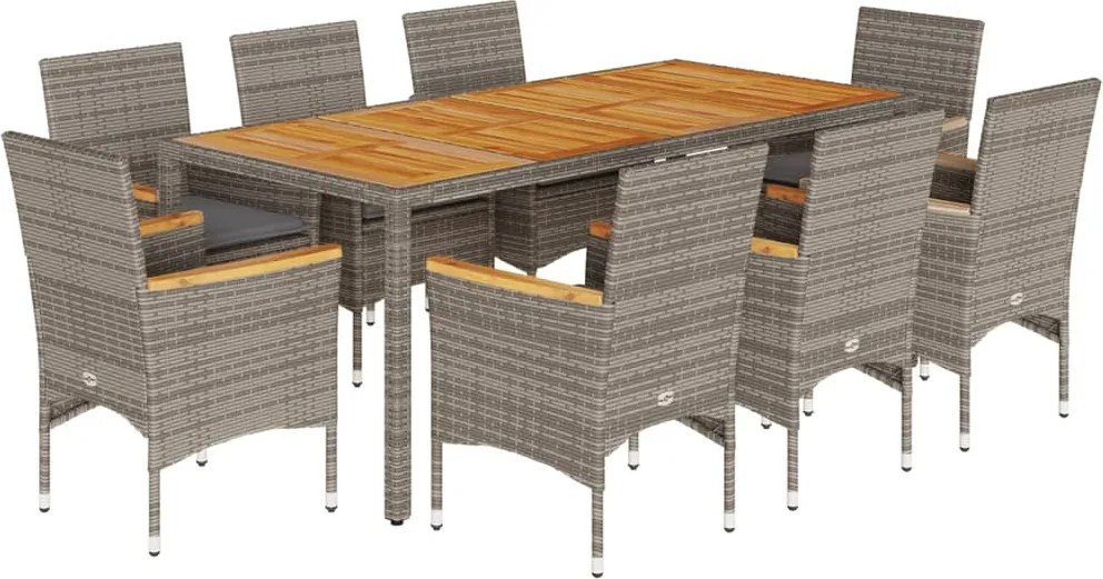 vidaXL 9részes szürke polyrattan/akácfa kerti étkezőgarnitúra párnával