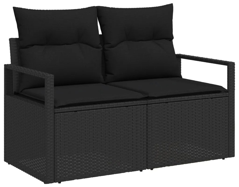 13 Darabos Kerti Sofa Készlet Párnákkal Fekete Poli Rattan Akáccal, 4 Darabos Kerti Étkező Készlet Párnákkal Fekete Poli Rattan Akáccal, 2-fős Kerti Sofa Párnákkal Fekete Poli Rattan