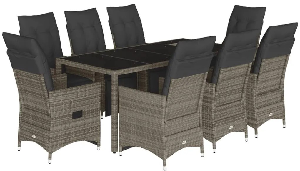 9 részes szürke polyrattan kerti bisztrógarnitúra párnákkal