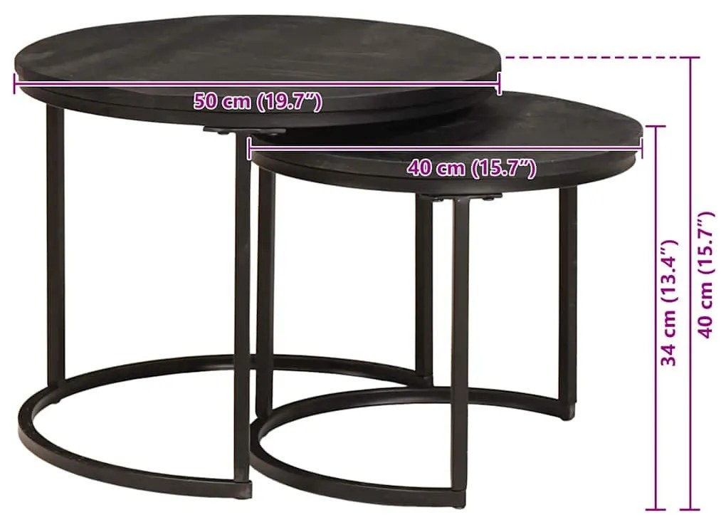 vidaXL Fészkelt Kávézó Asztalok 2 pcs Fekete Tömör mangófa és acél