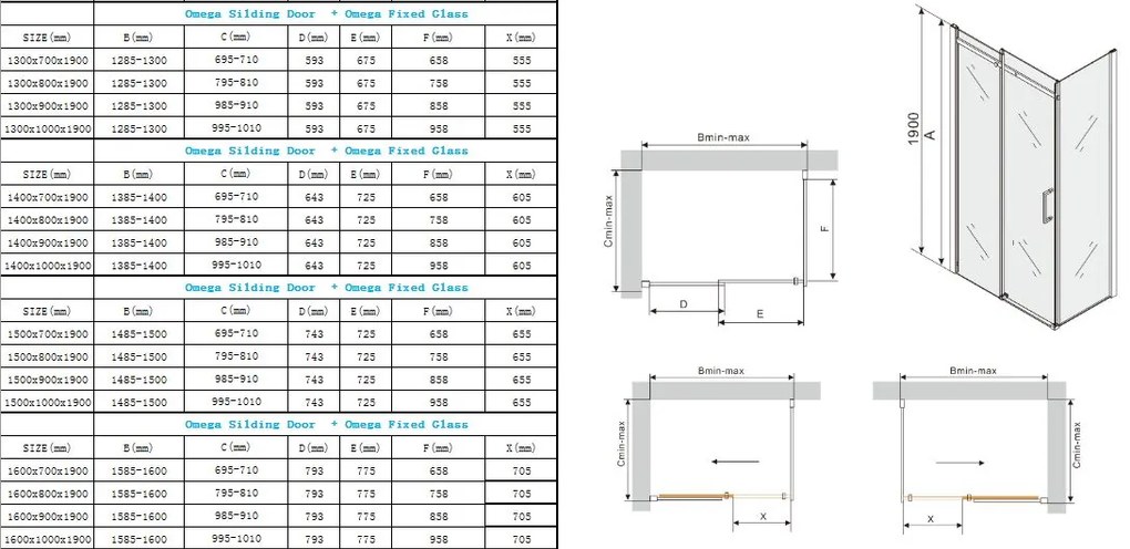 Mexen Omega zuhany 150x70cm, 8mm üveg, fekete profil-átlátszó üveg, 825-150-070-70-00