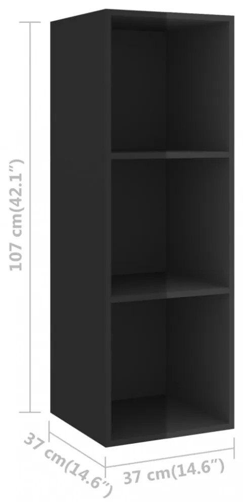 magasfényű fekete szerelt fa fali TV-szekrény 37 x 37 x 107 cm