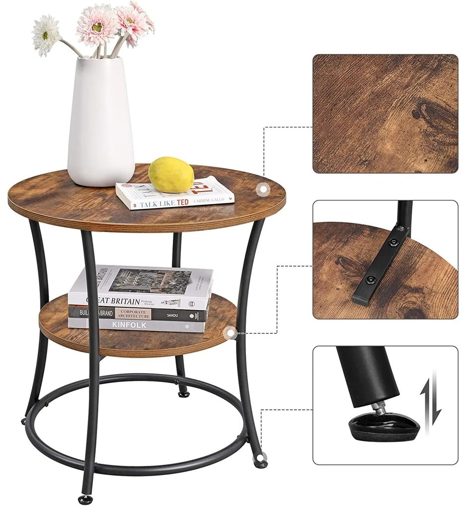 Kerek oldalsó asztal 2 polccal, kis dohányzóasztal 55 x 55 cm