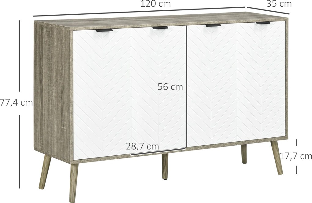 HOMCOM Alacsony Komód, Tárolószekrény, Állítható Polcok, 2 Szekrény, 4 Chevron Ajtó, Konyhába, Étkezőbe, Nappaliba, 120 x 35 x 77,4 cm, Fehér és Szürk