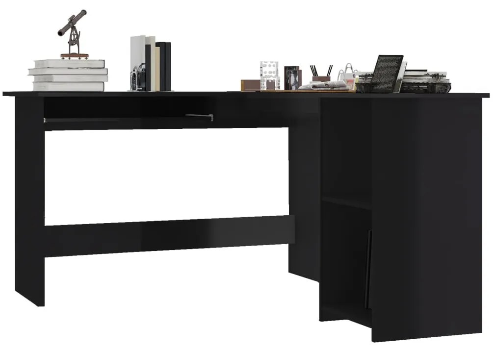Magasfényű fekete forgácslap L-alakú íróasztal 120x140x75 cm