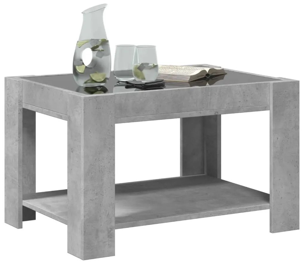 Betonszürke szerelt fa dohányzóasztal LED-del 73 x 53 x 45 cm