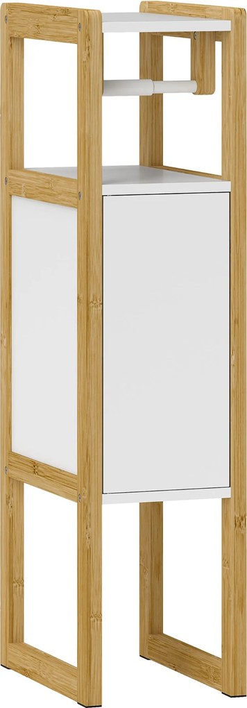 HOMCOM Térkihasználó Fürdőszobai Mobil WC Papír Tartóval, Szekrénnyel és Polccal, Kompakt Bambusz Szekrény, 20x33x80cm, Fehér | Aosom