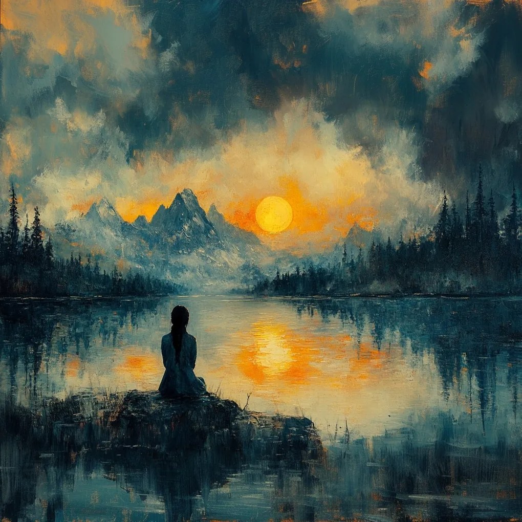 Vászonkép Canvas Tájkép Hegyek Tó Nap Figura Meditáció 40x40