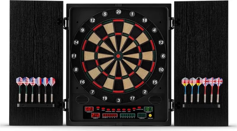 KLARFIT Dartchamp, fekete, elektronikus darts tábla dartsokkal és ajtóval