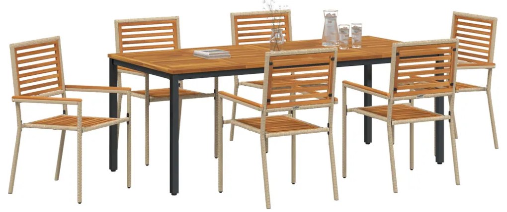 7 Részes Kerti Étkezősor Bézs Poli Rattan Akáciából, Egymásra Rakható Kerti Székek Párnákkal - 2-es Készlet Bézs Poli Rattan, Kerti Asztal 200x90x75 cm Szilárd Akácfa és Fém