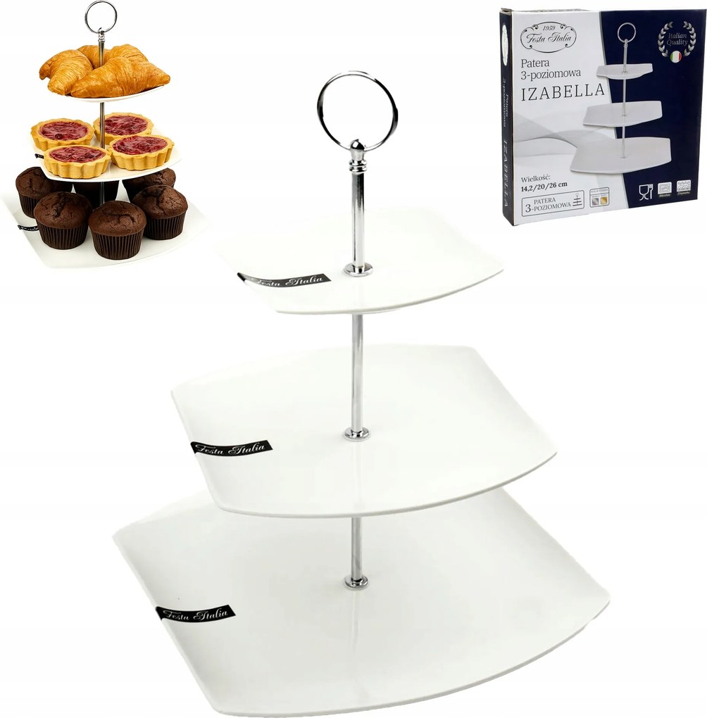 Patera Háromszintes Porcelán Fehér És Ezüst Izabella Sütemény Gyümölcs