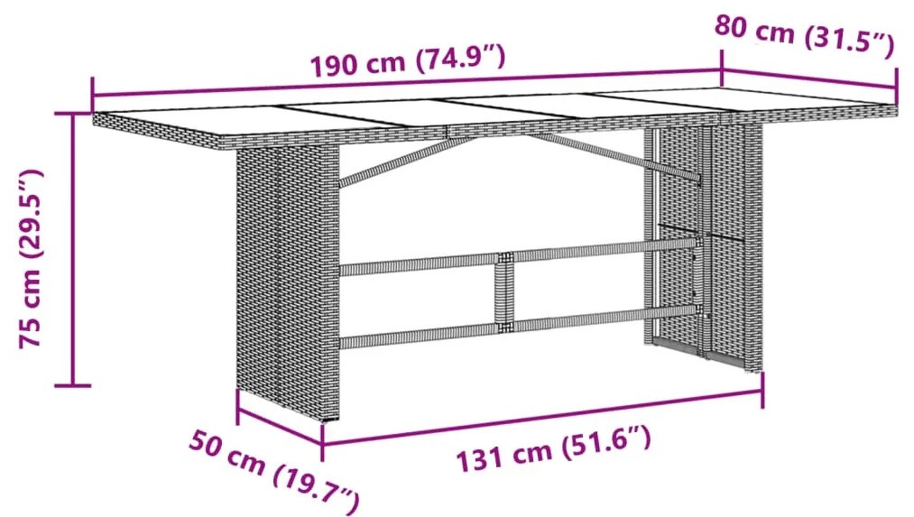 barna polyrattan üveglapos kerti asztal 190x80x75 cm