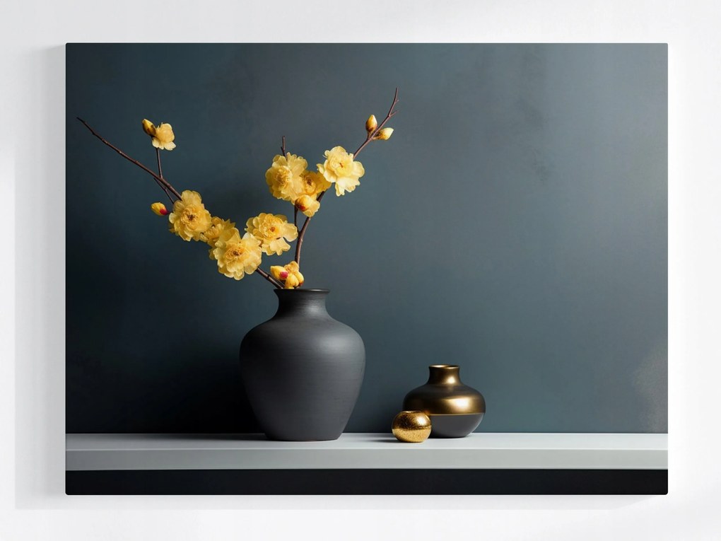 Poszter Dekoráció Sárga Virágok Váza Arany Fekete 100x75