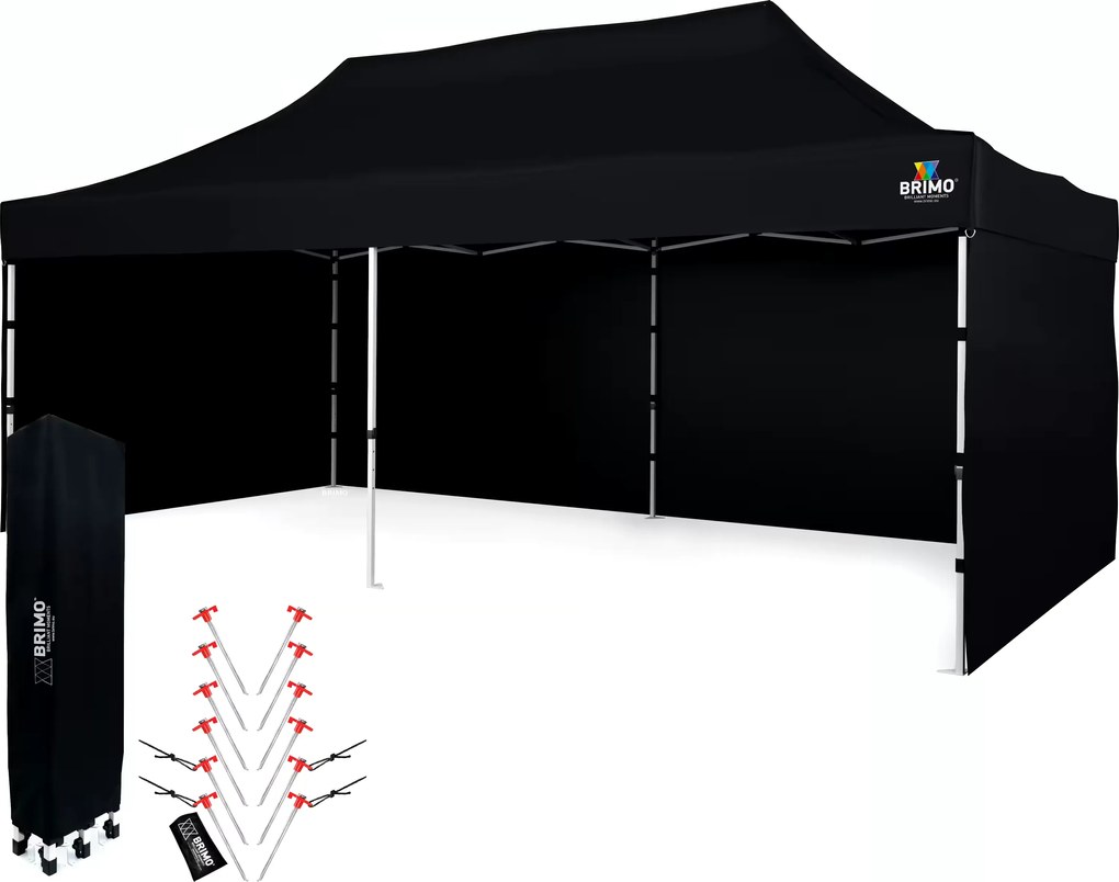 Párty sátor 3x6m Keresztvázas (3 fal) - Acél szerkezet és ponyva 330g/m² - plusz 3 oldalfal - Fekete