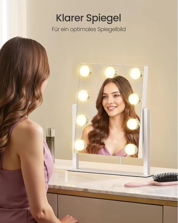 SONGMICS BERIT LED sminktükör, 3 fényszín, 10× nagyítás, 360°-ban forgatható, matt fehér