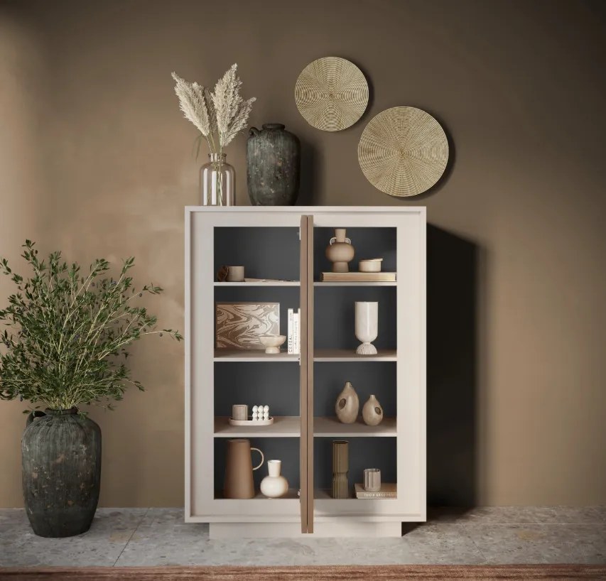 SKY 2.0 magas komód, 2 ajtóval, kasmír vázzal és Mercuri tölgy mintázatú laminált előlapokkal