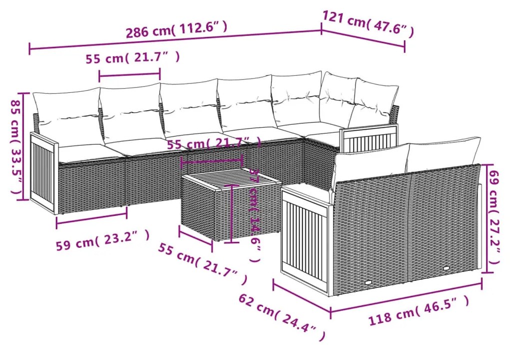 9 részes bézs polyrattan kerti ülőgarnitúra párnákkal