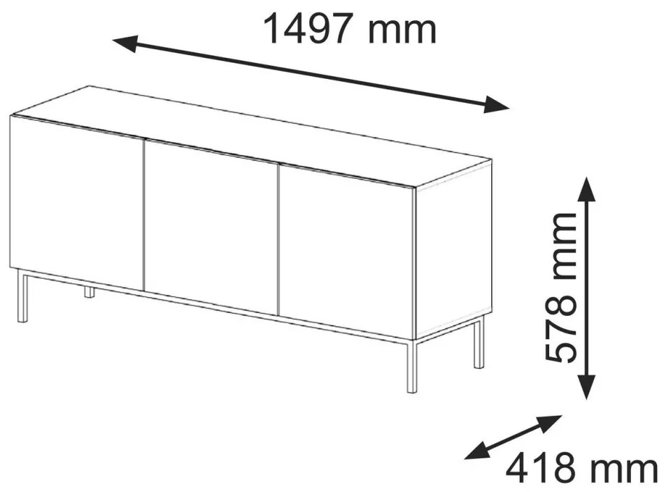 TV Szekrény 150 cm. Fényes Fehér Front, Matt Fekete Test, Arany Színű Lábakkal Ravenna C Diamond