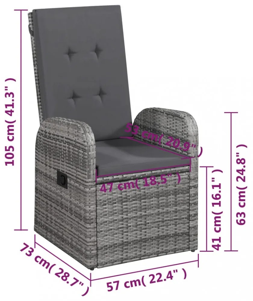 2 db szürke dönthető háttámlás polyrattan kerti szék párnával