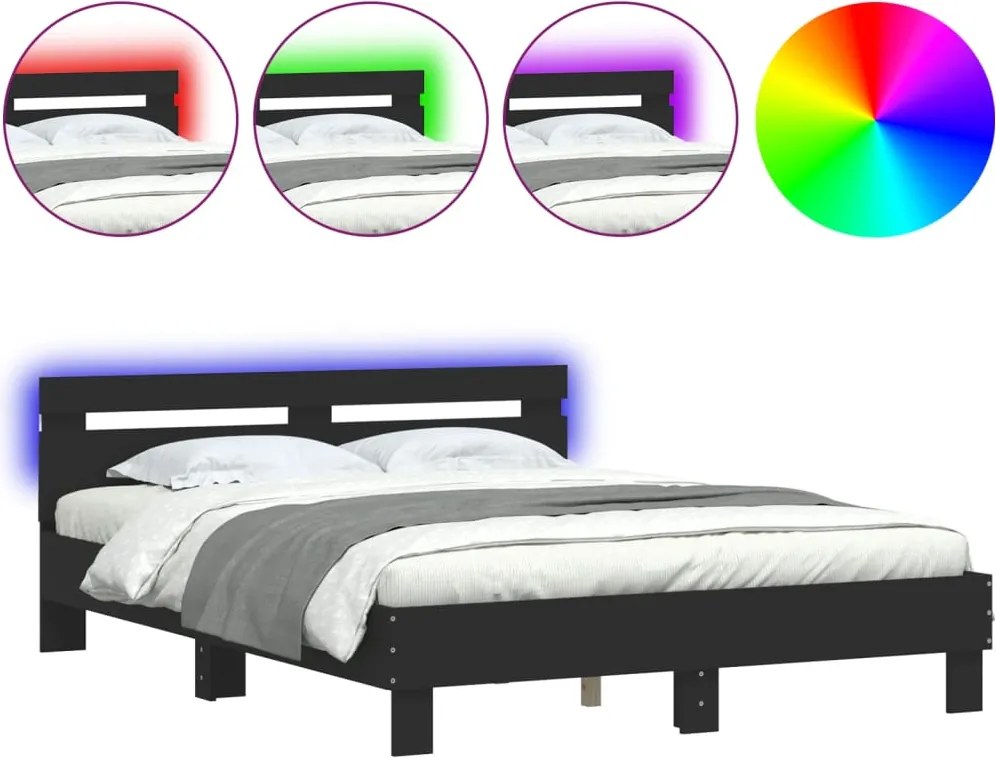vidaXL fekete ágykeret fejtámlával és LED-del 140 x 200 cm